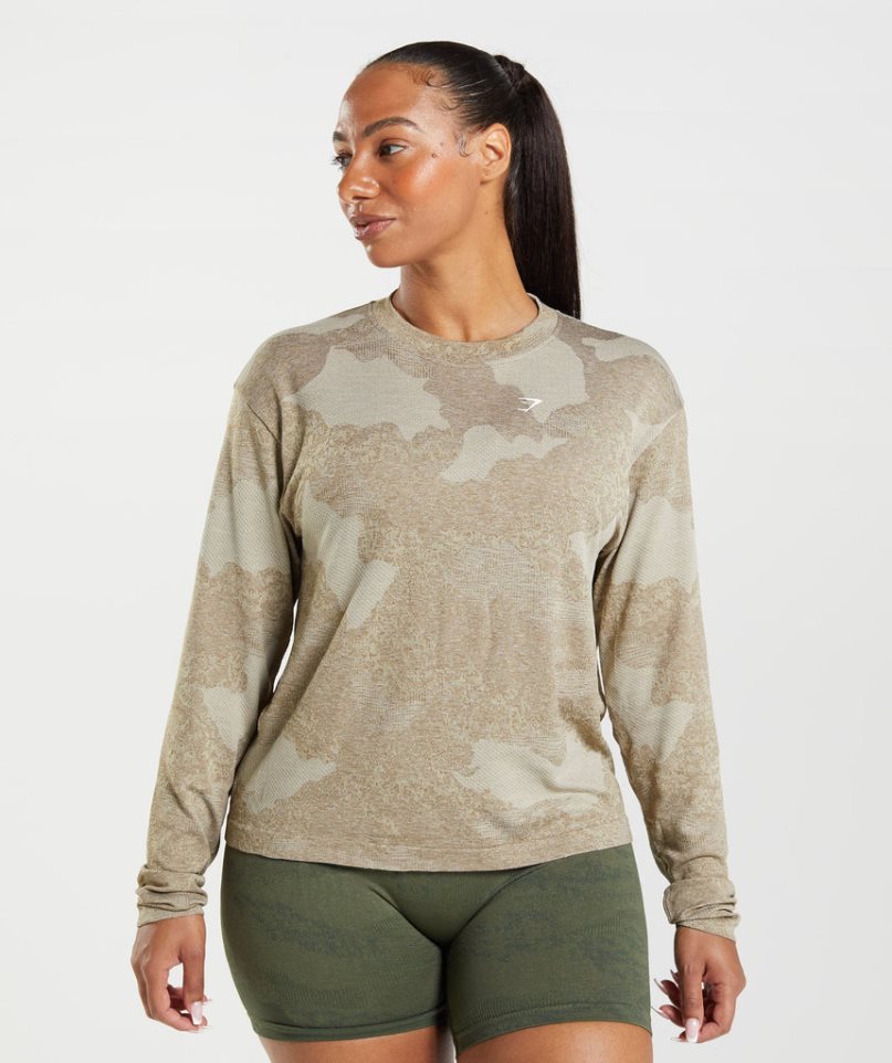 Women\'s Gymshark Adapt Camo Seamless Long Sleeve Top T-Shirts Grey | CA 7058NA